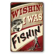 2x Tin Sign Fishin' Wishin' I Was Fish Mower Man Cave Decorative Rustic Look