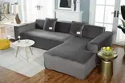 Aedlcal Sofa Covers, 2-Piece Sectional Couch Cover Velvet Plush Stretch Sofa Slipcover Anti-Slip L Shaped Sofa Protector Cover for Living Room Furniture Protector (Velvet Dark Grey, 3+3 Seater)