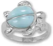 [JewelryWeb] 925 Sterling Silver Rhodium Plated Larimar Sea Turtle Ring 12.0mm X 9.0mm Band Style-Ring for Women