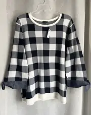 NWT Talbots Plus 3X 3/4 Slv Round-neck Pullover Cotton Bld Navy Blue White Plaid