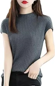 [Generic] Women's Vintage Half High Collar Short Sleeve Knitted T-Shirt Spring Summer Pullover Bottoming Tops
