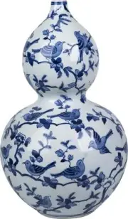Vase Flock of Birds Gourd White Blue Ceramic Hand-Crafted