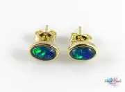 Genuine Australian Opal Gold Stud Earrings 7x5mm 925 Sterling Silver w Box/Cert