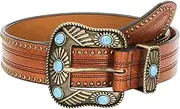 [Utaly] Vintage Turquoise Buckle Western-Belt for Women-Men - Unisex Floral Pattern Cowboy Cowgirl Belts for Jeans Pants Dresses