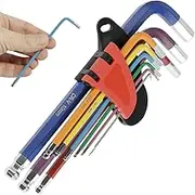 9Pcs Metric Allen Key Set Metal Hex Key Allen Wrench Set, 9 Sizes Chrome Vanadium Steel Long Arm Hex Key Kit with Ball End and Color Coding for Repair Furniture Car Bike Toy(Long Model,Colour)