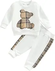 [Loalirando] Newborn Baby Boys Girls Fall Outfits Long Sleeve Plaid Bear Pattern Pullover Sweatshirt Tops Elastic Pants Set 2 Piece Sweatsuit Clothes