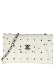 Chanel Black & White Leather CC Logo Envelope Clutch With Chain (Authentic Pre-Loved)