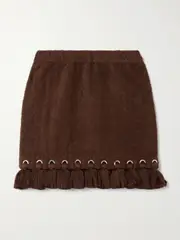 [Cap d’Antibes] Cap d'Antibes - Tasseled Eyelet-embellished Cotton-terry Mini Skirt - Chocolate - medium medium Brown