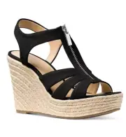 New Michael Kors Berkley Espadrille Black Wedge Sandal Platform Tappered Strap