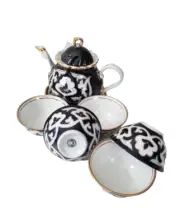 TRADITIONAL UZBEK-PAKHTAGUL CHAI-TEA SERVICE-TEAPOT/PIYALAS/PLATE
