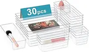 [AJOXEL] Drawer Organiser, Pack of 30 Dressing Table Organiser for Drawer with 4 Sizes, Desk Drawer Organiser System, Plastic Makeup Organisers, for Cosmetics, Kitchen, Bathroom, Office