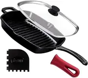Cast Iron Square Grill Pan with Glass Lid - 10.5 Inch Pre-Seasoned Skillet with Handle Cover and Pan Scraper - Grill, Stovetop, Induction Safe - Indoor and Outdoor Use - for Grilling, Frying, Sauteing
