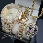 MEN HIP HOP GOLD PT WATCH & ICED CUBAN BRACELET & JASON MASK 24" CHAIN NECKLACE