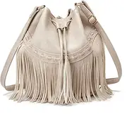 [RHOCKYRHIVER] PU Leather Bucket Bags for Women,Crossbody bags with Drawstring,Ladies Tassel Hobo,Shoulder Handbags,Hobo Bag