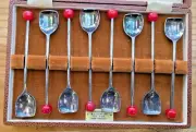Vtg ABERCROMBIE FITCH Silver Plate 8 Piece Box Set Cocktail MUDDLER Spoons EPNS