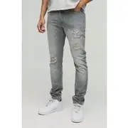 Mens Slim Rigid Subtle Ripped Ice Grey Washed Jeans