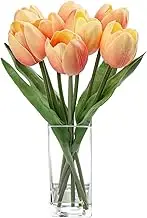 Briful Fake Flowers Artificial Tulip Flower Peach in Clear Vase, Real Touch Foam Tulip Arrangement Suitable for Home Office Decoration, Dining Table Centerpiece