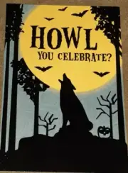 Halloween Greeting Card & Envelope • Wolf Silhouette Howling at Huge Full Moon