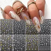 8 Sheets Christmas Nail Stickers 3D Snowflake Nail Art Supplies Santa Claus Snowflakes Tree Elk Nail Decals Gold Silver White Designs Xmas Winter Nail Sticker for Nail Art, New Year Nail Decorations