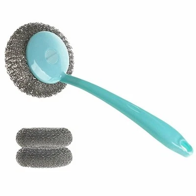 Stainless Steel Sponge w/ Handle Scouring Pad Kitchen Cleaning Brush Scrubber
