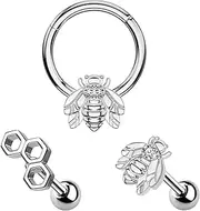 [Melighting] 3pcs Bee Cartilage Earrings 316L Surgical Steel 16G Septum Jewelry Helix Earrings Honeycomb Tragus Earring Stud for Men Women Daith Piercing Rook Conch Earring Piercing Body Jewelry