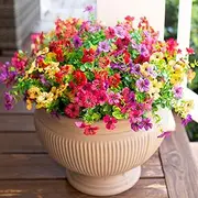 HyeFlora Artificial Flowers for Outdoor Indoor Garden Home Decoration, Faux Flower Daisy Eucalyptus Leaves Fake Plants Greenery Boxwood Porch, 12 Bundles (Pink Red Purple Yellow) Bakset Not Included