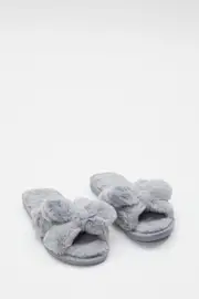 Blue Plush Faux Fur Bow Detail Slippers