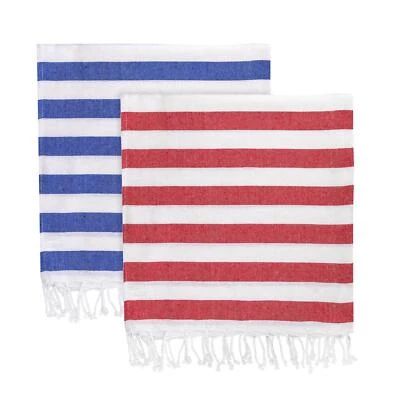 Turkish Cotton Towel Beach Bath Hammam Peshtemal Blue & Red Stripe - Set of 2