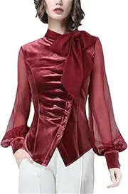 [Generic] Women's Chiffon Blouse Bow Tie and Lantern Sleeves Irregular Shirt