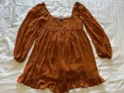 Abercrombie & Fitch A&F Long Sleeve Ruched Babydoll Ruffle Dress Paprika Brown L