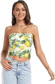 [RPLIFE] Yellow Lemons Green Leaves Cropped Tube Top, Going Out Crop Top, Mesh Tube Tops, Sexy Tube Tops (S)