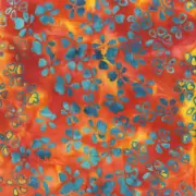 Blue Petals on Amber Orange Red Batik Cotton Quilting Patchwork Fabric 50cm 20"