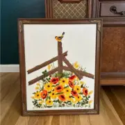 Vintage yellow bird on fence and flowers wood framed embroidered crewel