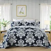 Qiqiong King Quilt Set, 100% Cotton Floral Quilted Bedspread King Size Farmhouse Paisley Reversible Quilt Bedding Set Lightweight Comforter Set Bed Coverlet for All Season, Navy Blue White 3-Piece