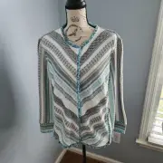 Chico's Cardigan Sweater Structured Multi Stripe 3/4 Sleeve Snap Front Size 2