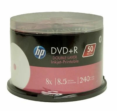 100 HP PRINTABLE 8X Blank DVD+R DL Dual Layer Disc + 100 Color Paper Sleeves