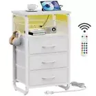 Bed Side Table with 3 Fabric Drawers, White Night Stand, LED Nightstand with