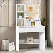 Umeiga Vanity Desk, Makeup Vanity Table with Lighted Mirror & 3 Lighting Color, Make Up Desk Bedroom Furniture Dressing Table with 10 Lights Bulbs and Drawers, Small