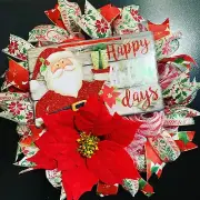 Happy Holidays Poinsetta Santa Deco Mesh Ribbon Christmas Decor Wreath