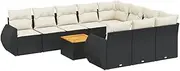 vidaxl Garden Sofa Set with Cushions - 11 Piece Black Poly Rattan Modular Patio Seating with Weather-Resistant Storage and Acacia Tabletop for Versatile Outdoor layouts