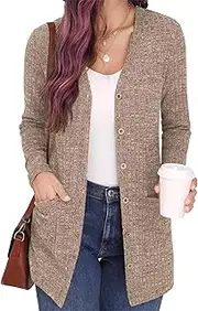 [Generic] Everyday Rib-Knit Cardigan Soft Gray with Functional Pockets Button-Up Design for Women's Casual Outfits & Accessories