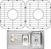 2Pcs Kitchen Sink Grid 304 Stainless Steel Sink Protectors Double Bowl Sink Bottom Grid with R50 Corner Large Sink Protectors Grid Multifunctional Dishes Drainer Grid for Sink 13x12inch (Centre Hole)