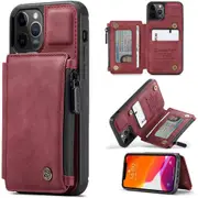 Double Magnetic Clasp Zip Card Holder Wallet Case for iPhone-Wine