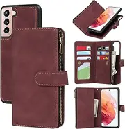 [FROLAN] for Samsung Galaxy S22+ Plus 6.6" Case Wallet with Card Holder for Women and Men, Detachable 2 in 1 Retro PU Leather Magnetic Snap Flip Folio Zipper Wrist Strap Wallet Phone Cover, Maroon