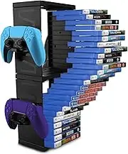 Game Storage Tower for PS5/ PS4/ Xbox Series S & X/Xbox, Universal Video Games Discs Organizers 24 PCS with 4 Controllers Holder, Game Disk Box Stand Rack Accessories - Black