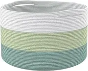 Recycled Cotton Rope Storage Basket - 21.7 x 21.7 x 13.8 Inches Extra Large Basket for Cushions, Blanket, Pillows, Toys - Stylish and Eco-Friendly Living Room Rope Basket - Green & White