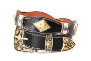 West Belt Black Silver Rooster Gold Concho Crocodile Pattern for Pants Size 30