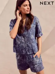 Blue Floral Jacquard 100% Cotton Pullon Lighweight Denim Shorts (AF6087) | $60
