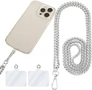 Amabro Metal Phone Chain Holder, Universal Cell Phone Crossbody Neck Lanyard with Tether Pads Adjustable Phone Wrist Strap, Silver