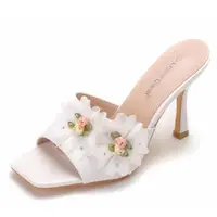 在飛比找momo購物網優惠-【Sp house】典雅美型花朵蕾絲方頭細高跟拖鞋(白色)